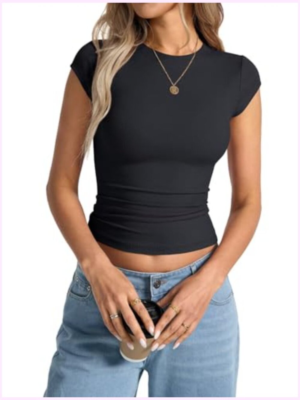 Cap Sleeve Crop Top Crew Neck Ribbed Tee Slim Fit Going Out Top Y2K - Picture 2 of 7